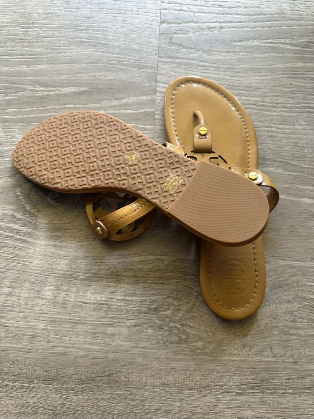 Tory Burch Cognac Leather Logo Thong Sandals